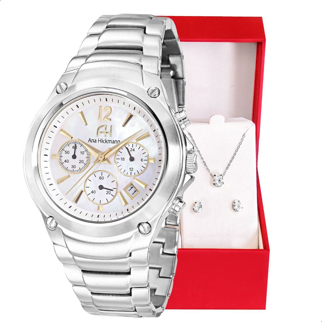 Relógio Champion Ana Hickmann Feminino Prata Cronógrafo AH30228Q Kit Colar e Brincos