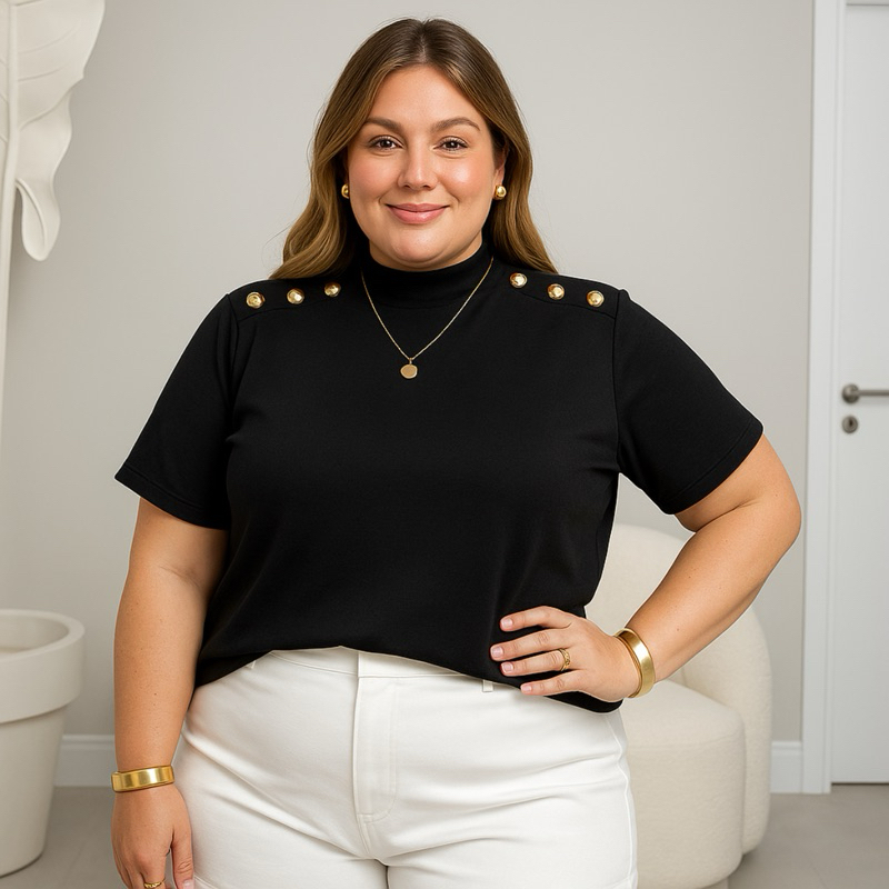 Blusa Feminina Plus Size Gola Alta Com Botões Dourados 100% Algodão Premium Veste G1 Ao G2