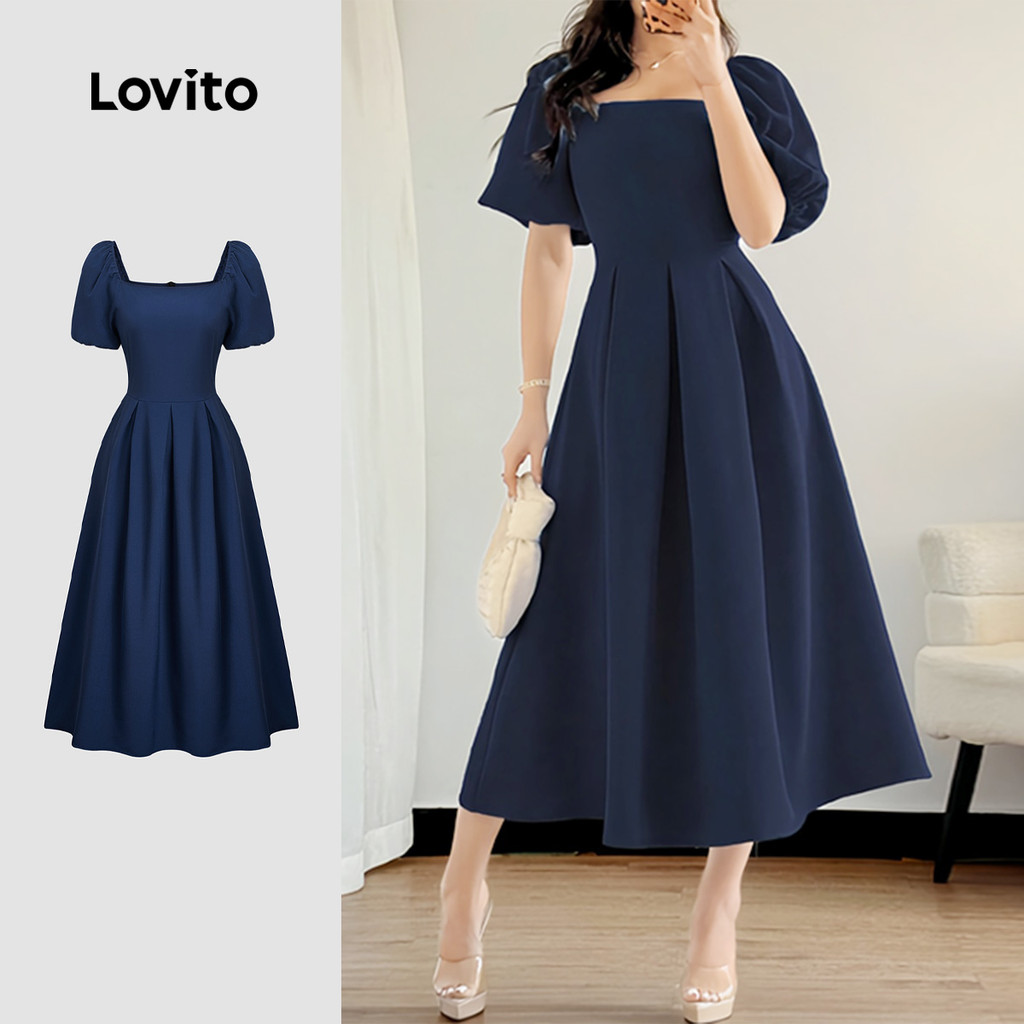 Lovito Vestido Casual em Chiffon com Pregas para Primavera/verão Azul-marinho para mulheres L154ED592