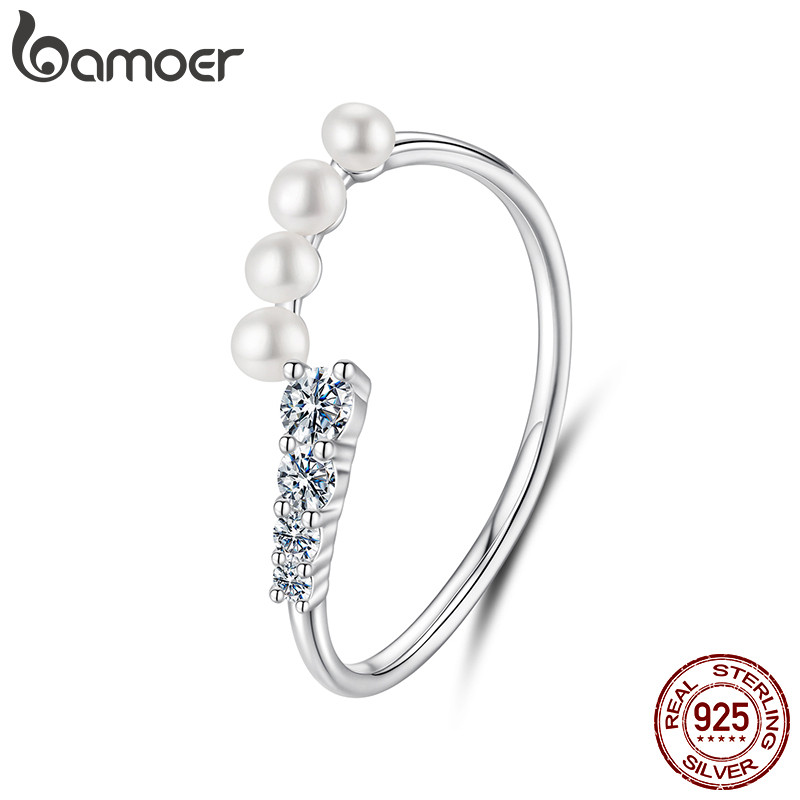 Bamoer 925 Prata Esterlina Anel Aberto Tamanho Ajustável Pérola Moissanite Moda Jóias Presentes Para Mulher MSR084-E