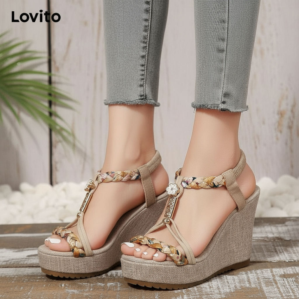 Lovito Sapato feminino estilo Boho, design de tecido bloco de cor lisa, modelo esqueleto cunha, estilo étnico, LFA65322