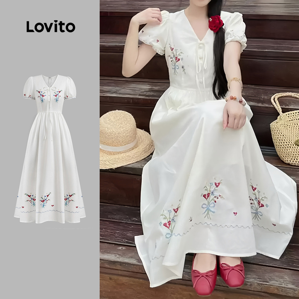 (New) Lovito Vestido Casual de Flores com Cadarço para Primavera/verão para mulheres L151AD036