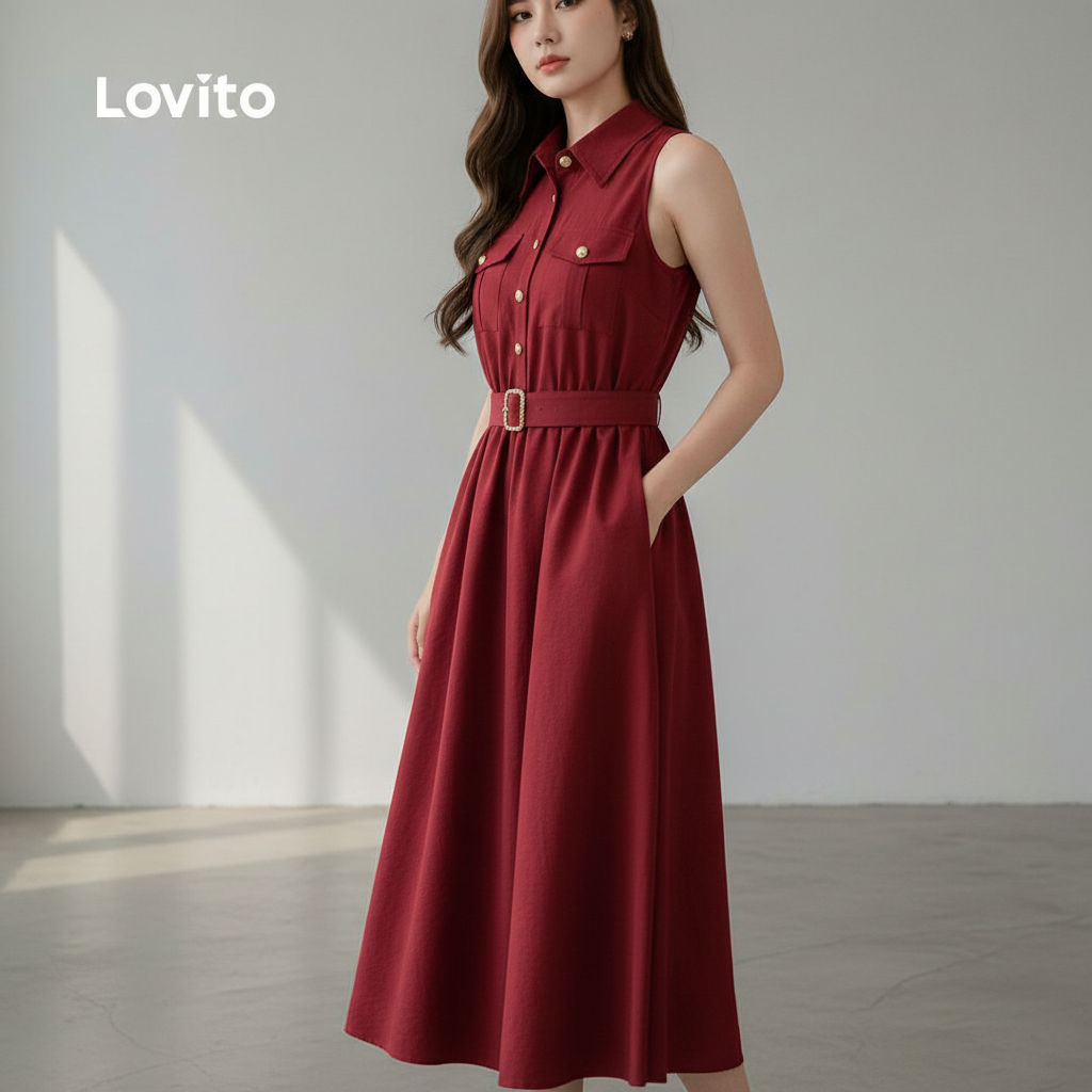 Lovito Vestido Botão Bolso Primavera Verão Natal Claret Feminino LK2ED823