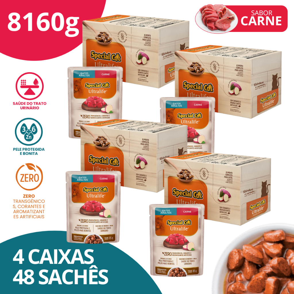 Kit 4 Caixa 12 Special Cat Ultralife Sachê Adultos Sabor Carne - 85g