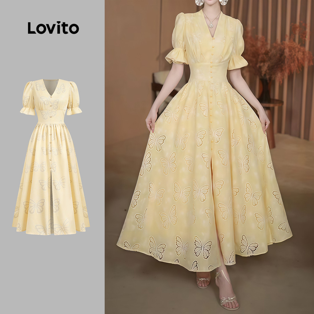 (NEW) Lovito Vestido Elegante de Alface com Acabamento em Fivela de Metal Primavera/verão Vestido amarelo L154ED1117