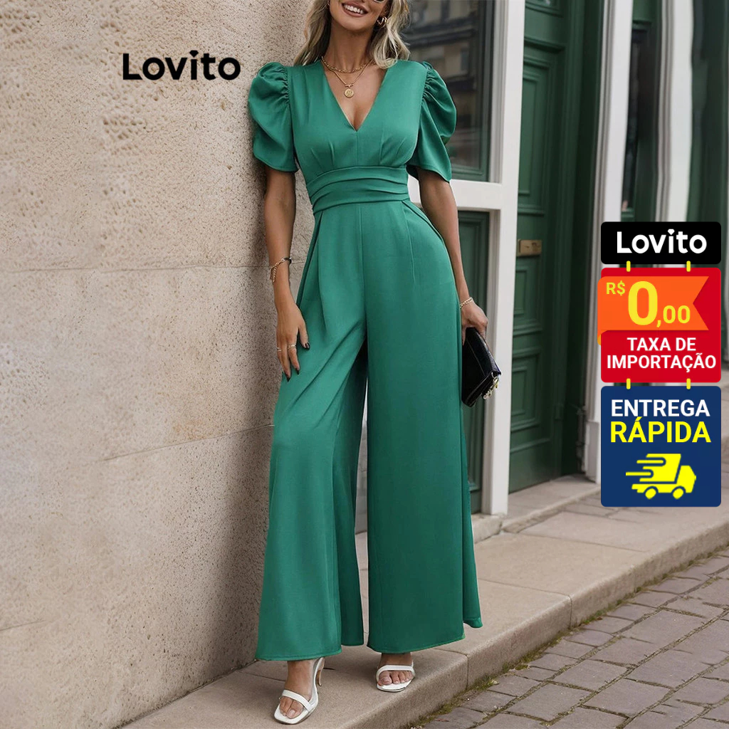 Lovito Elegante Macacão Feminino Liso Plissado Manga Bufante LNL44159
