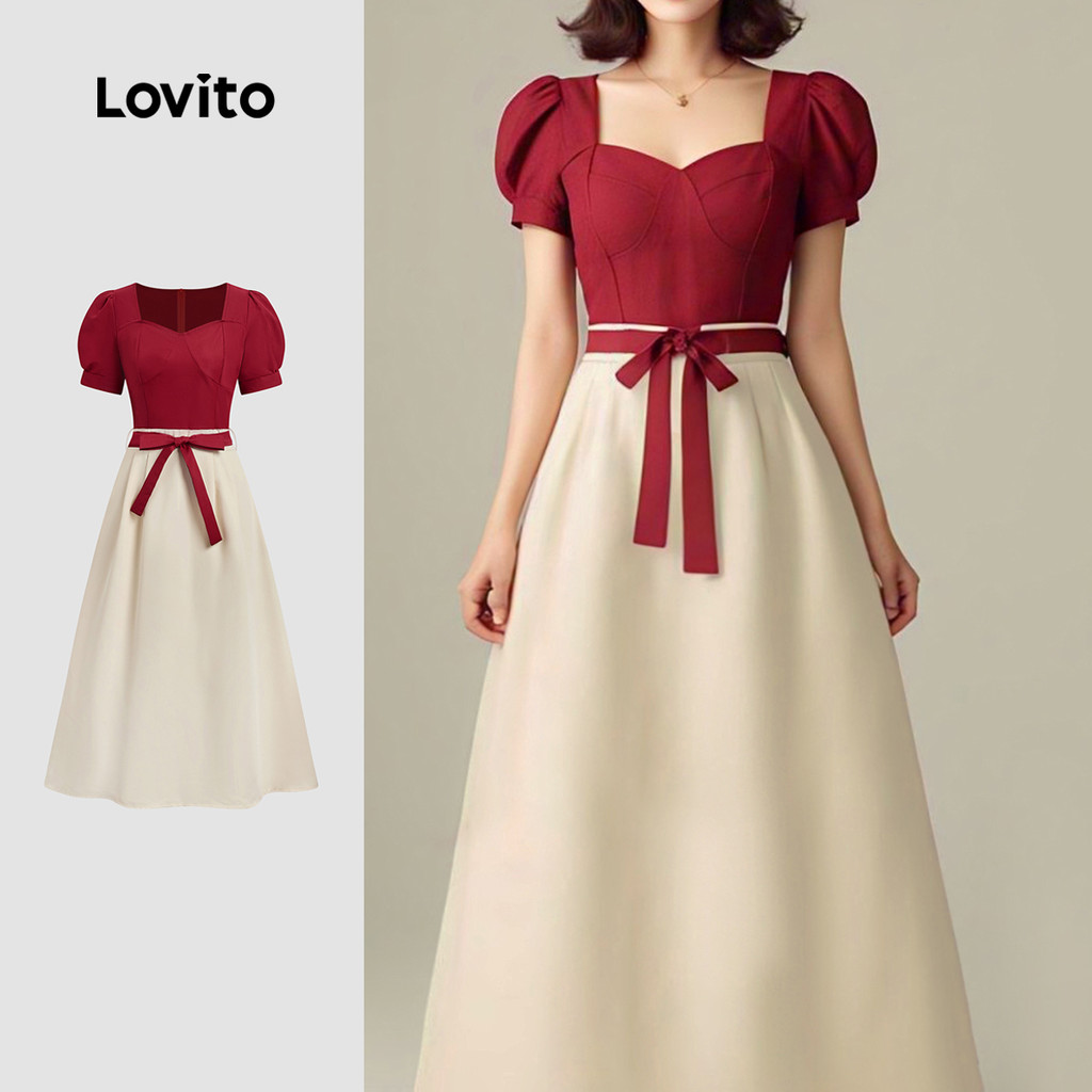(NEW) Lovito Vestido de Festa Colorido com Cinto para Primavera/verão Claret para Mulheres L155ED046