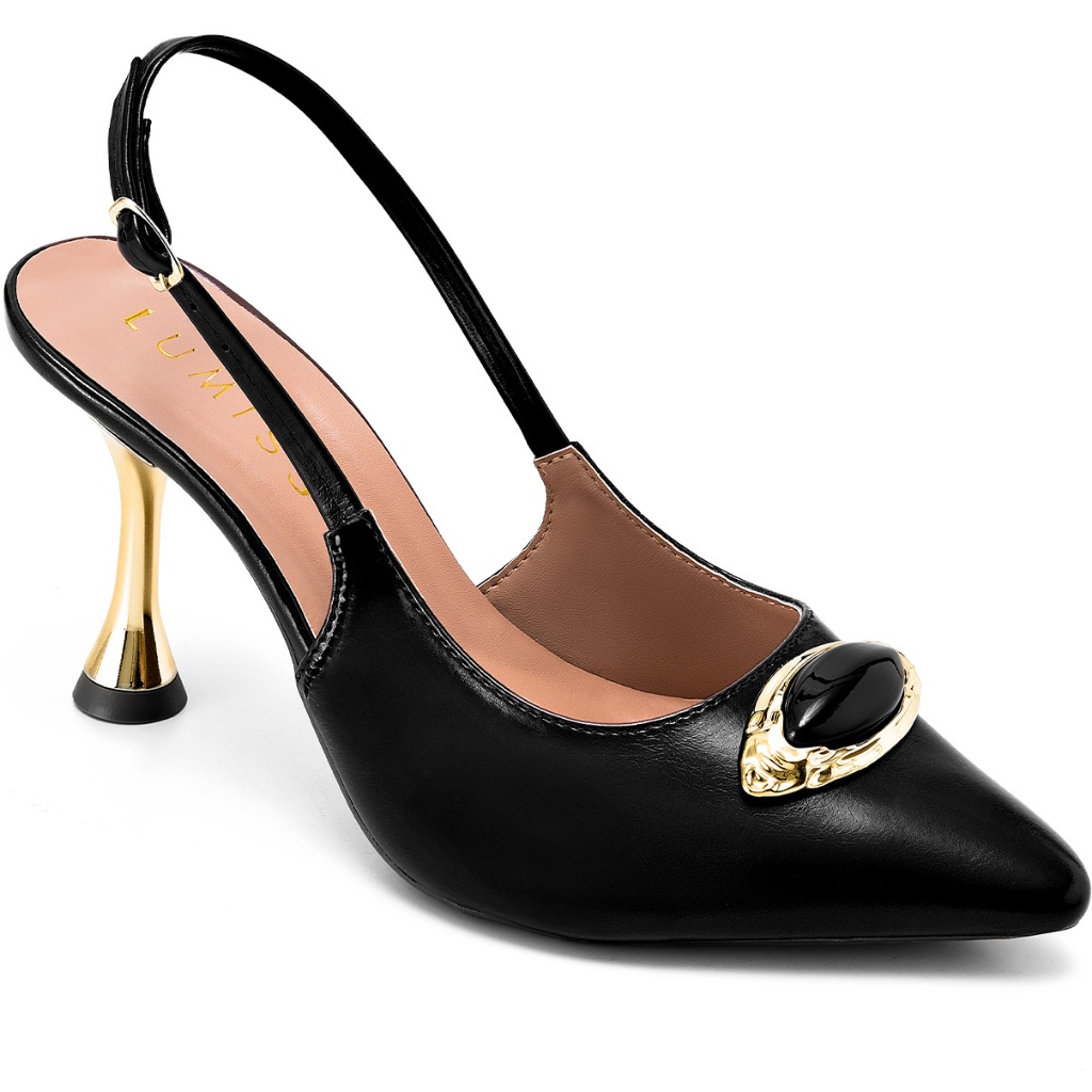 Scarpin Feminino Lumiss Bico Fino Enfeite Pedra Salto Alto Metalizado Preto