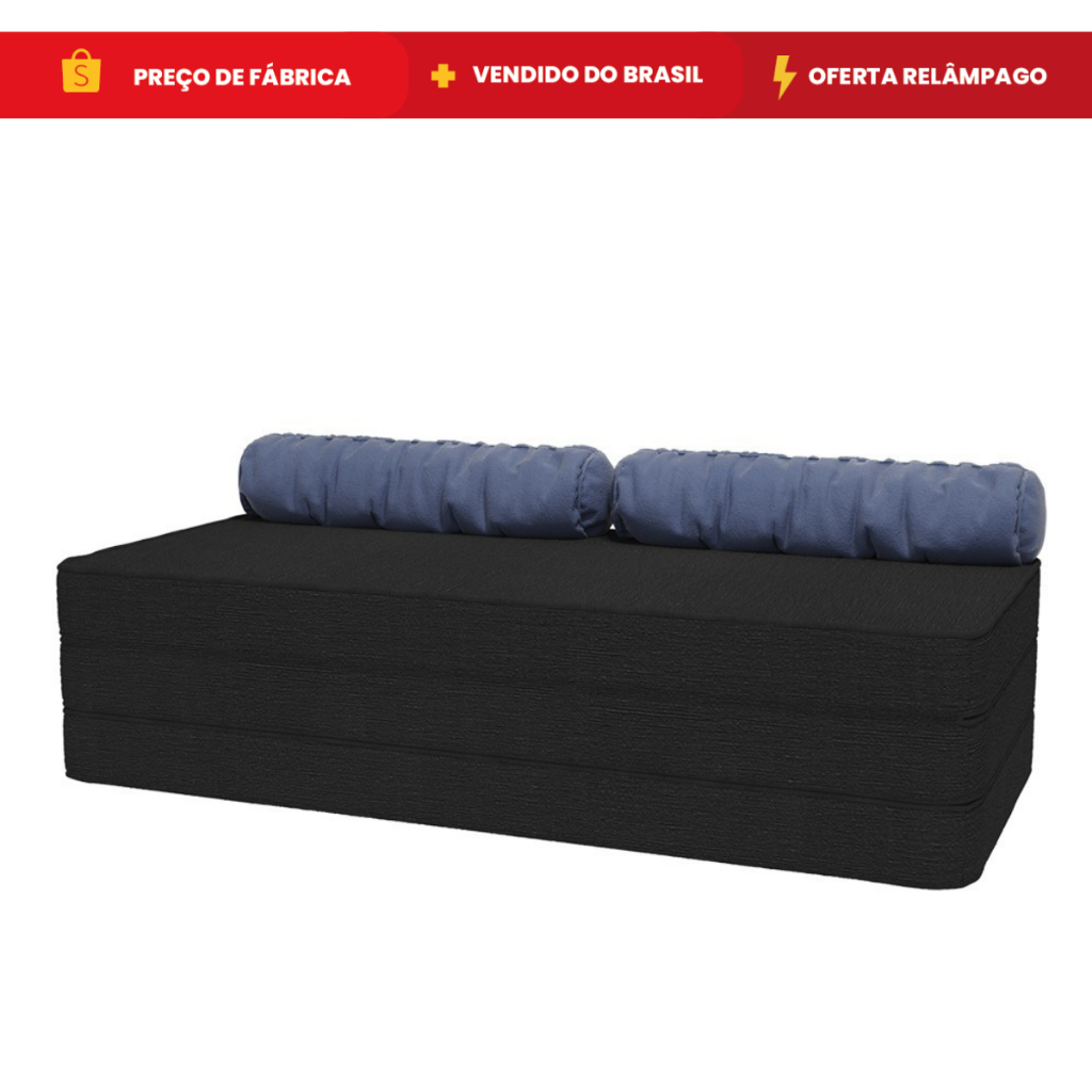 Sofá 3 em 1 Colchão Casal Puff Multiuso Preto Macio para Quarto e Sala, Ideal para Visitas - Bonatto