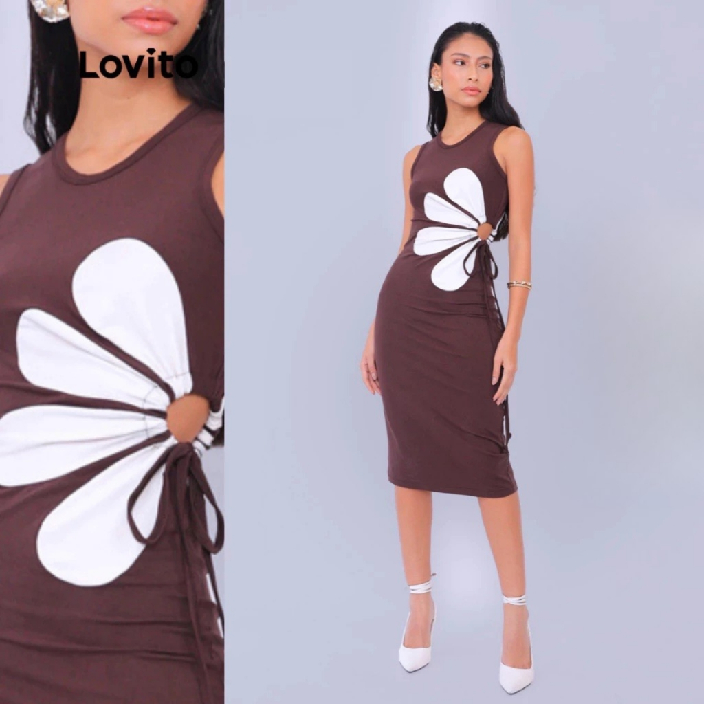Lovito Bossa l Vestido Feminino Casual Liso com Recorte de Flores DRB889BRL919