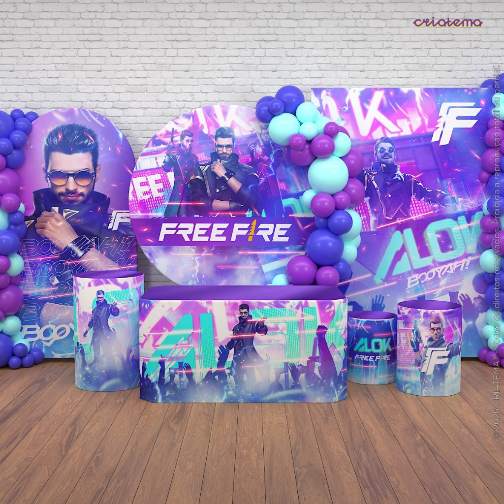 Decoração de Festa Free Fire: Painel de Festa e Capas Aniversário Free Fire Alok Em Tecido Licenciado