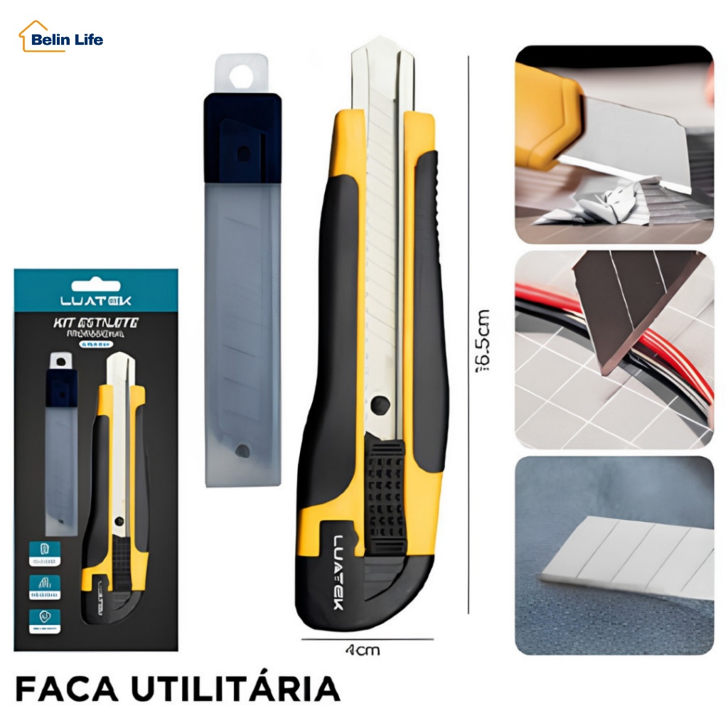 Kit Estilete 18mm para Escritório e Casa com 3 Lâminas Reservas Reforçado Luatek LWJ-157