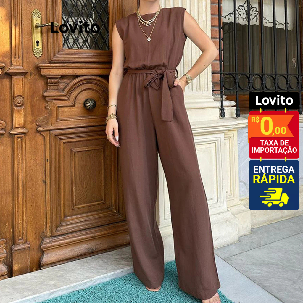 Lovito Macacão Liso Com Cadarço Para Mulheres LNE31016 (Marrom/Preto)