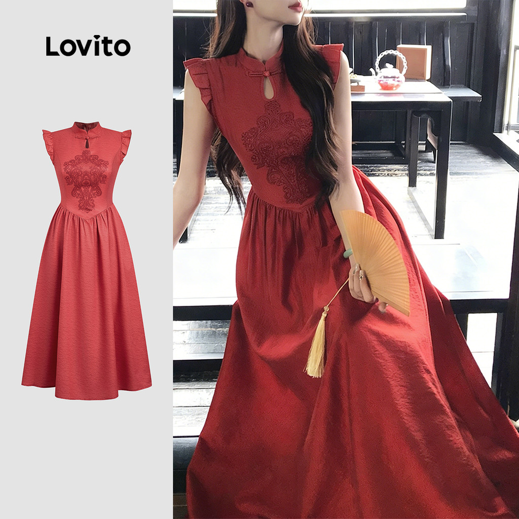 Lovito Vestido Elegante De Festa Novo Estilo Chinês Cor Vinho Para Mulheres Ideal Para a Primavera/verão LK2ED445
