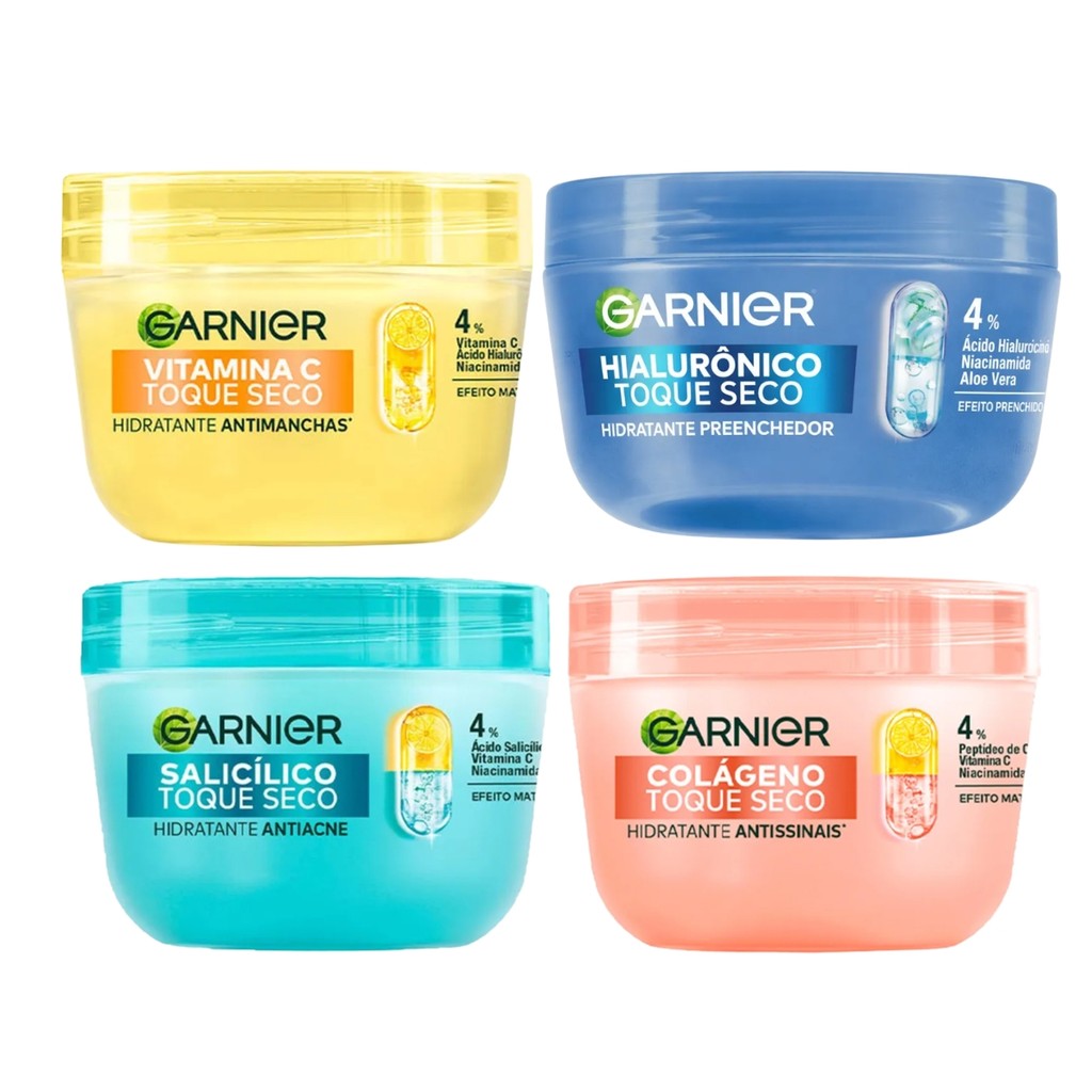KIT C/4 HIDRATANTE FACIAL GARNIER SKIN HIALURÔNICO + ANTIMANCHAS  +  ANTISSINAIS + ANTIACNE 85G