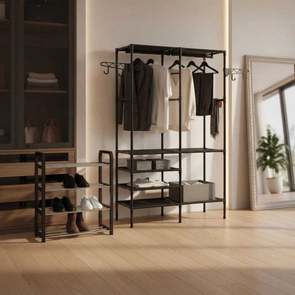 01 Guarda-Roupa + 01 Sapateira Portátil Desmontável Com Compartimentos Organizador com Estrutura
