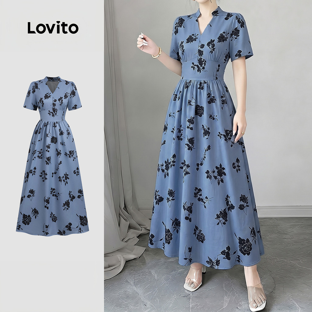 Lovito Vestido Boho Estrutura Linha Azul Primavera/verão para Mulheres LK6LD098