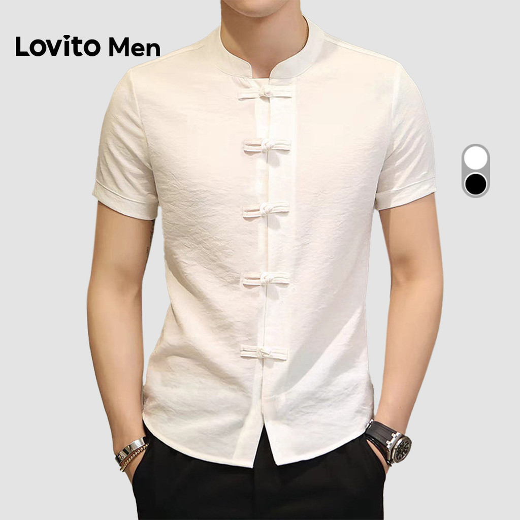 Lovito Camisa Masculina Casual Com Botões Preta Para Primavera/verão LNE127022