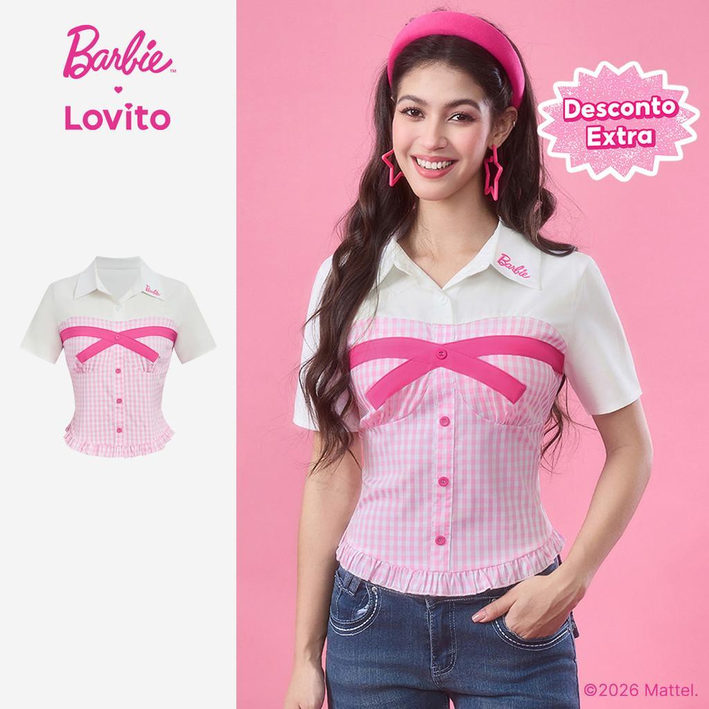 [Mid Year Sale]Barbie™ X Lovito Blusa Casual Bordado Costura em Tecido Blusa Primavera/verão para Mulheres LB1AD030