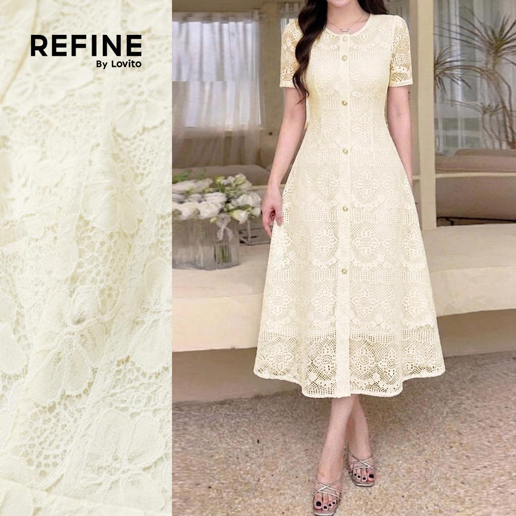 (Refine by Lovito) Vestido Elegante Botões Frontais Zíper e Renda para Primavera/verão Damasco para mulheres LR35E001