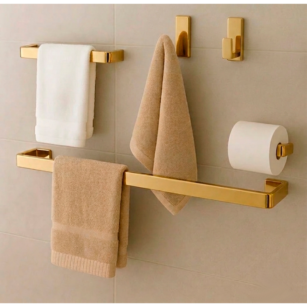 Kit Acessórios Banheiro Dourado Fosco Conjunto Quadrado 5 Peças Dois Cabides Metal