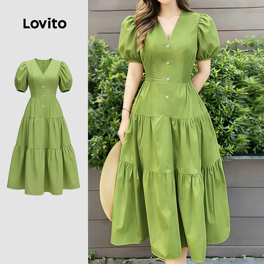 Lovito Vestido Casual Linha Estrutura Lazer Simples Primavera/verão Verde para Mulheres LK4ED1552