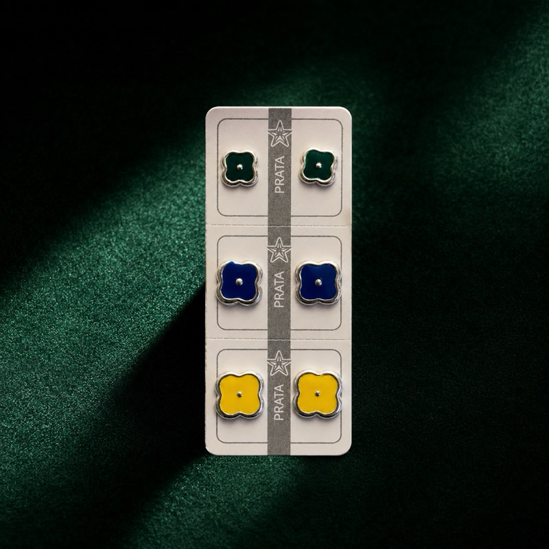 Trio Trevo Brasil em Prata 925 Verde Azul e Amarelo