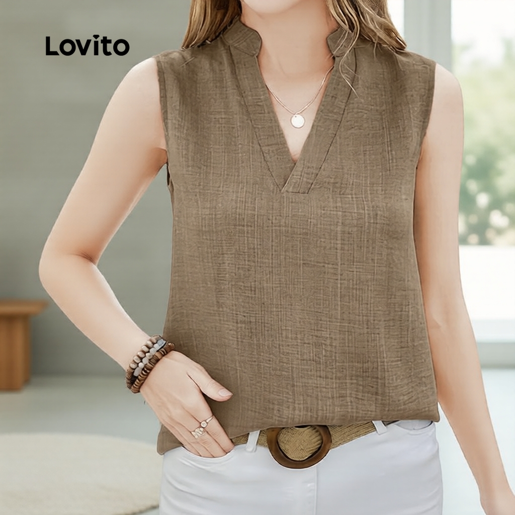 Lovito Blusa Casual Plissada com Botão Primavera/Verão Caqui para Mulheres L154ED445