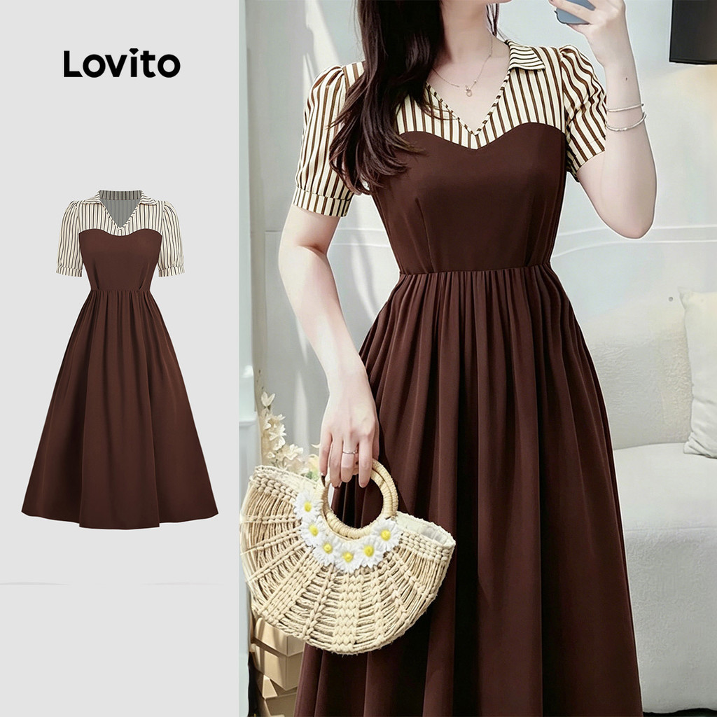 Lovito Vestido Casual Feminino de Primavera/verão em Marrom Chocolate com Costura em Tecido Zíper e Pregas LBL35072