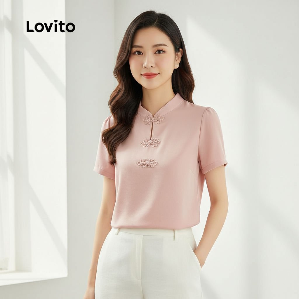 Lovito Blusa Feminina Rosa Casual Primavera Verão Estilo Chinês LK2ED210