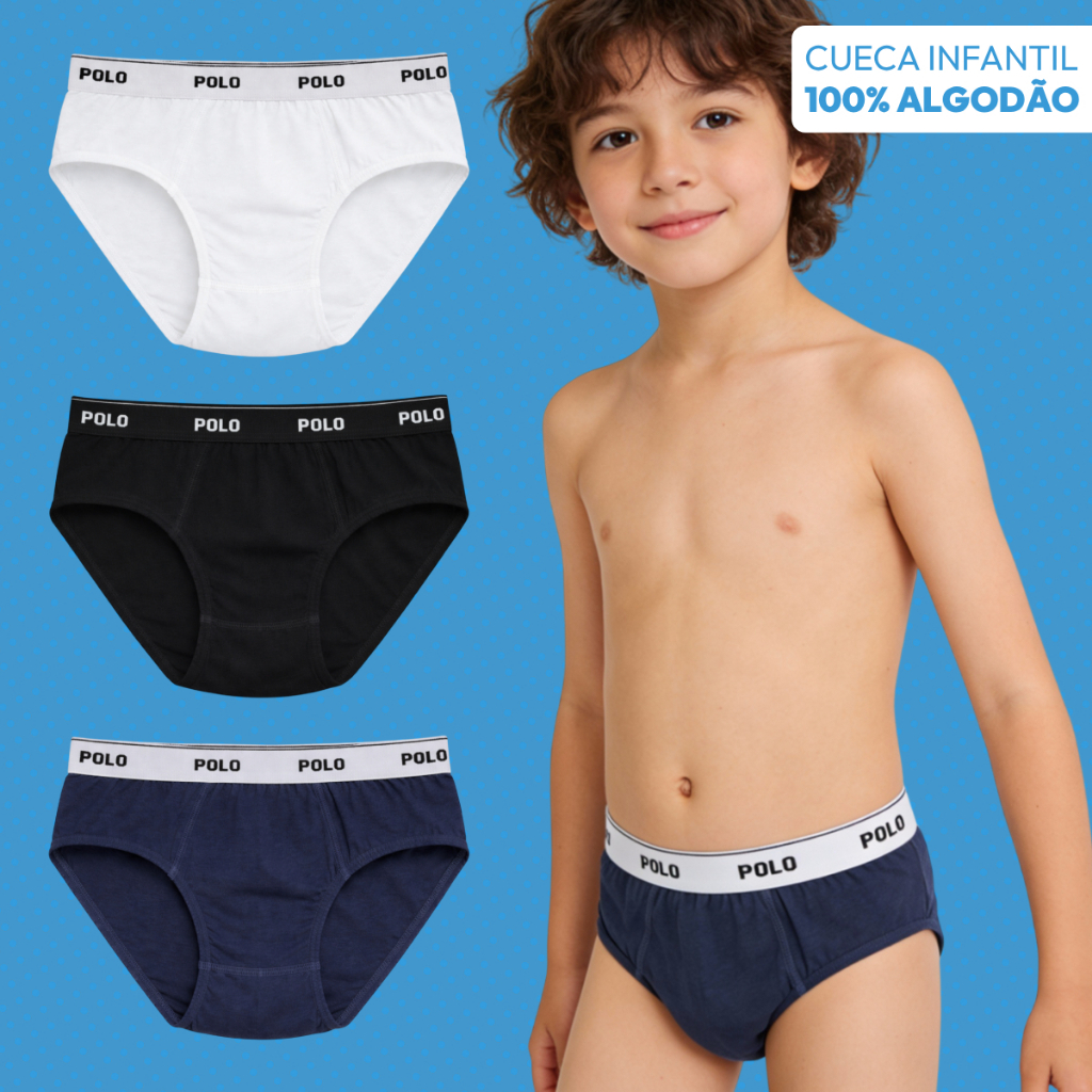Kit 3 Cuecas Slip Polo Cotton Infantil 100% Algodão Forro Duplo Tradicional