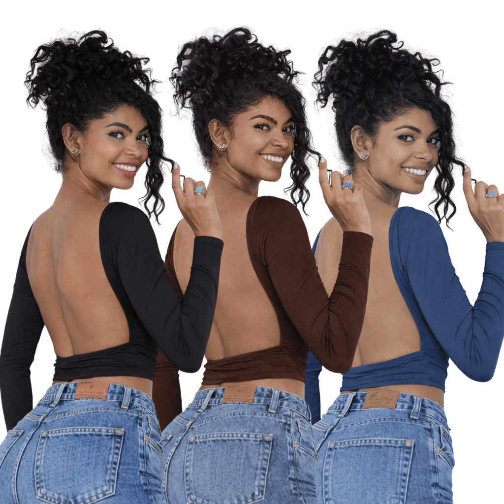 KIT 03 - Blusa com Parte de Trás Aberta e Mangas Compridas - Blusa de Manga Longa Com as Costas Abertas