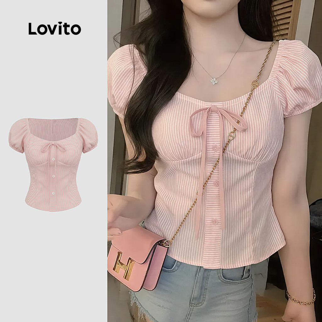 (NEW) Lovito Blusa Casual com Botão e Laço Primavera/verão Blusa Rosa para Mulheres LK4ED056