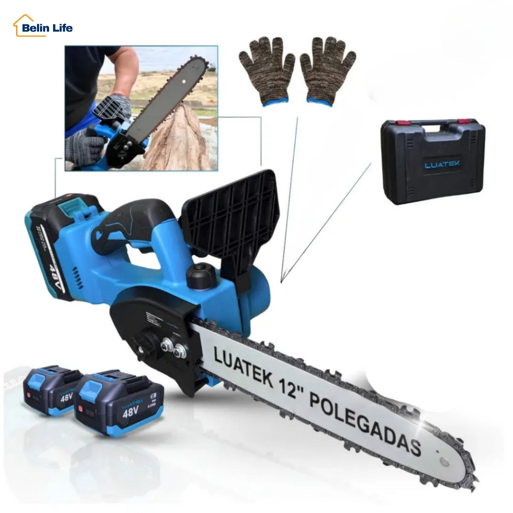 Kit Mini Motosserra 12 Pol 48V Sem Fio com 2 Baterias e Maleta Luatek LWJ-233plus