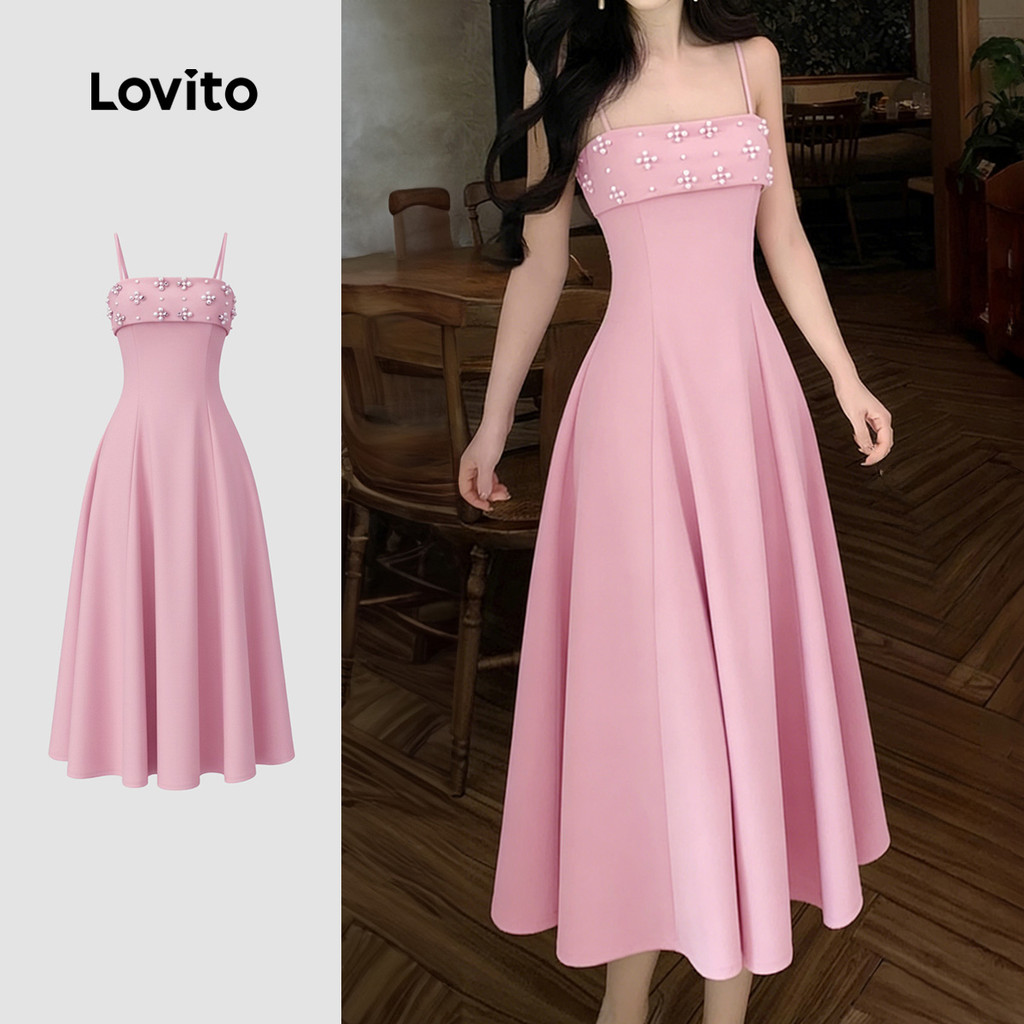 Lovito Vestido Elegante Pérolas Zíper Primavera/verão Rosa para Mulheres L178LD078