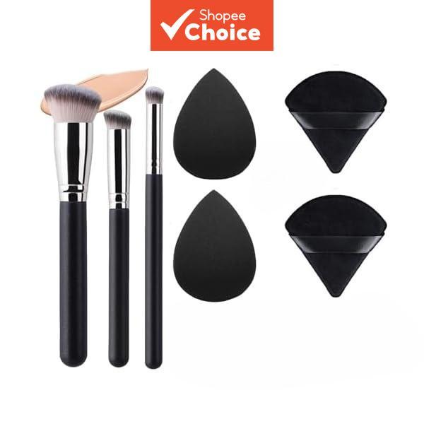 Kit Completo de Maquiagem Facial | Coleção de Pincéis de 3 Peças para Corretivo & 2 Esponjas de Mistura Pretas |