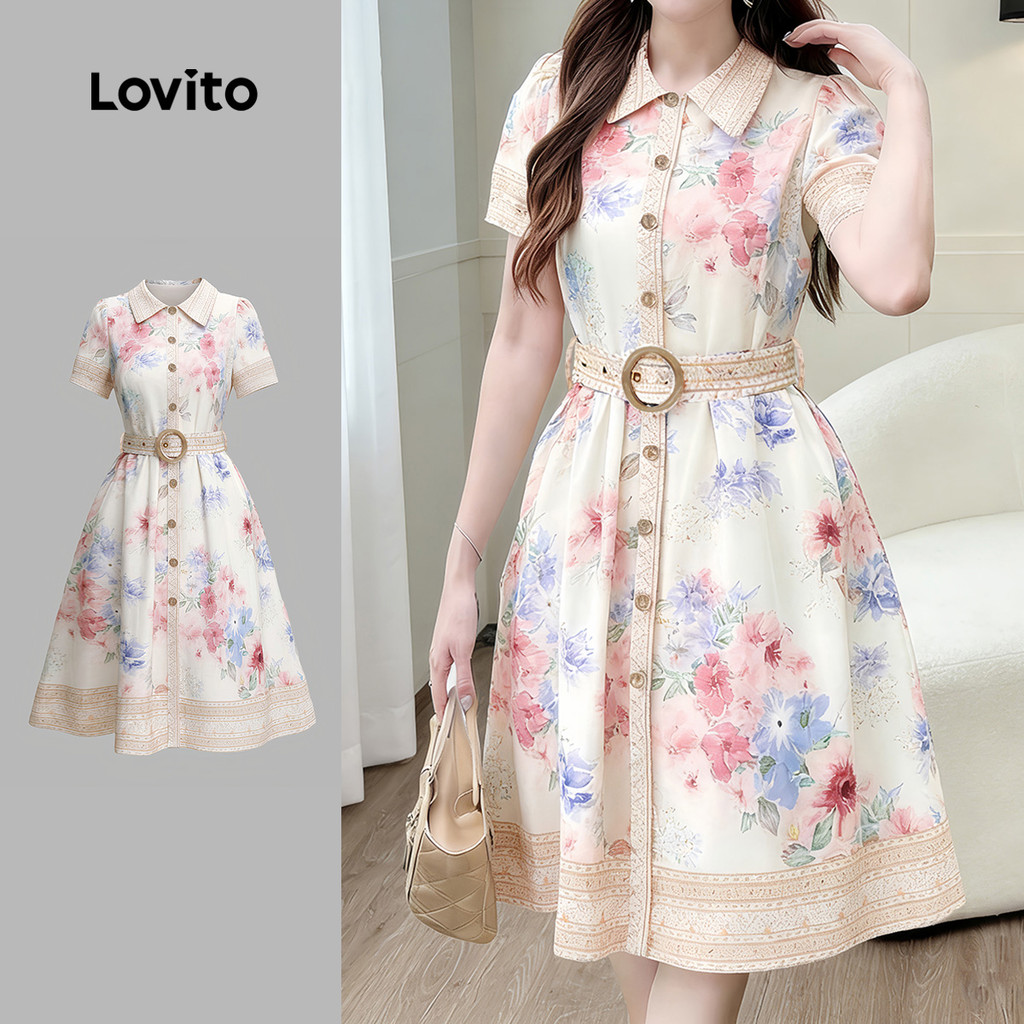 Lovito Vestido Elegante Feminino com Cinto e Botão Perfeito para Primavera e verão LK5LD130