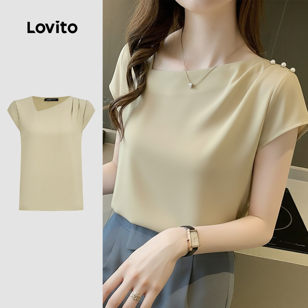 Lovito Blusa Casual Plissada com Botões para Primavera/verão Blusa Khaki para Mulheres L171ED078