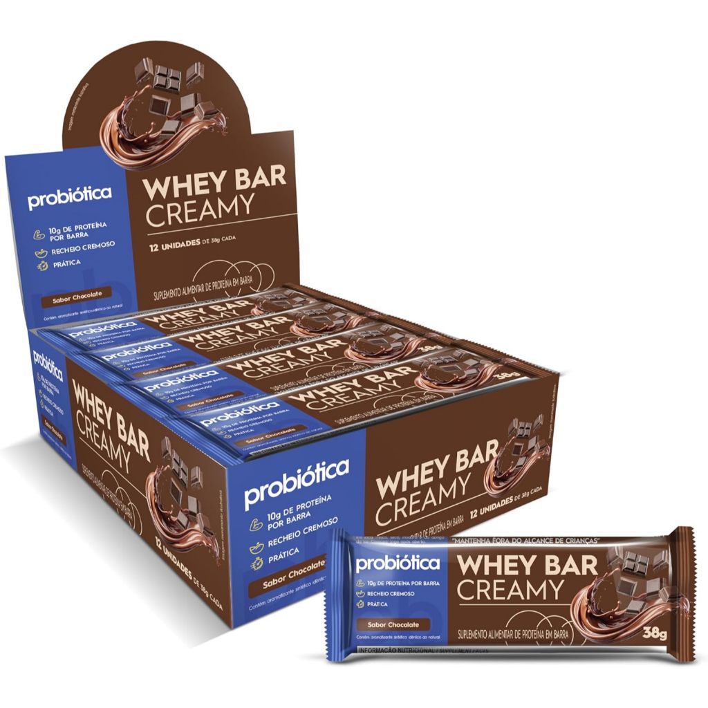 Barra de Proteína Whey Bar Creamy Chocolate Probiótica com 12 unidades de 38g cada