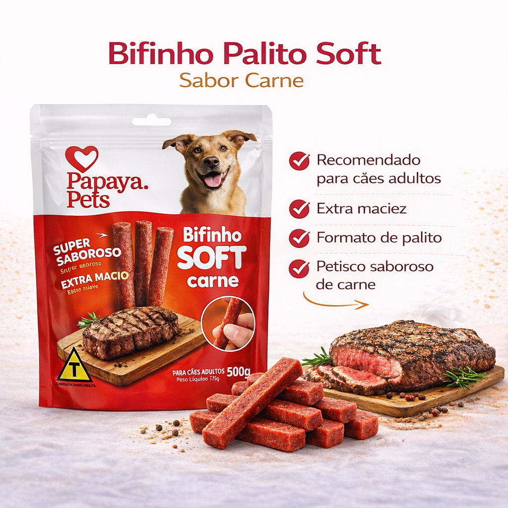 Petisco Cão Saboroso Palito Bifinho Carne Papaya Pets