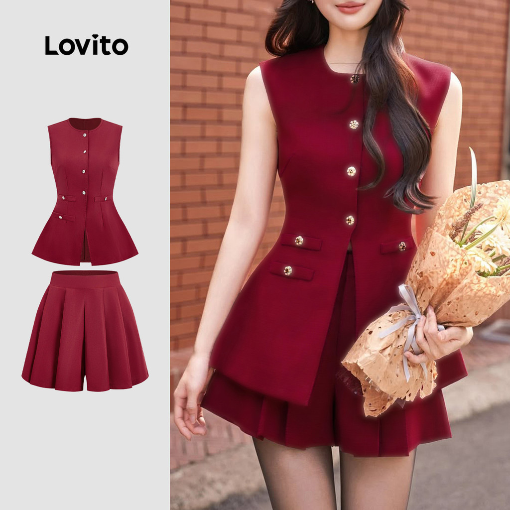 Lovito Conjunto Casual De Blusa Ou Calça Para Festa Com Pregas Na Cor Bordô Primavera/verão Para Mulheres L165ED584