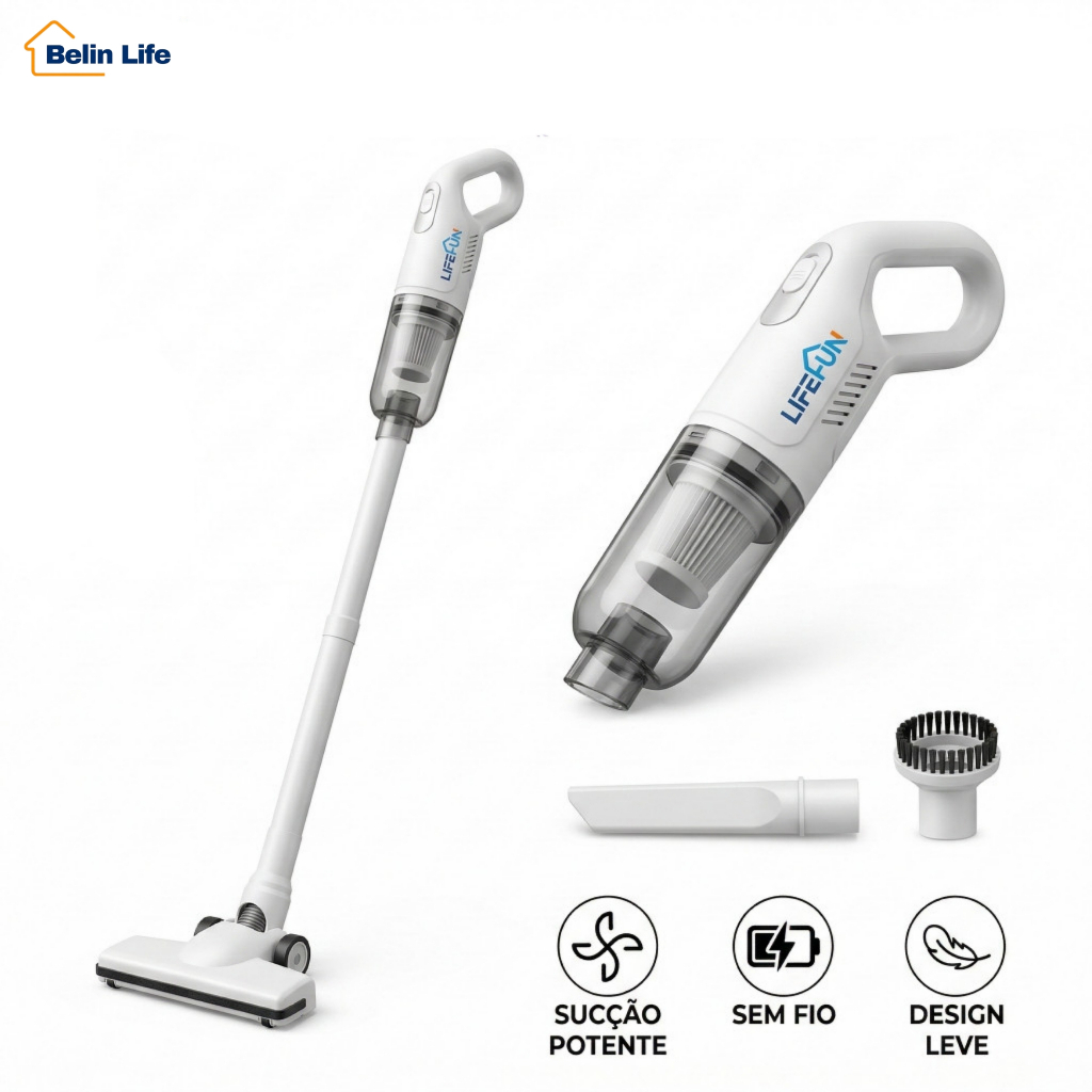 LIFEFUN Aspirador de Pó Portátil Sem Fio para Casa Recarregável USB Forte Sucção Branco