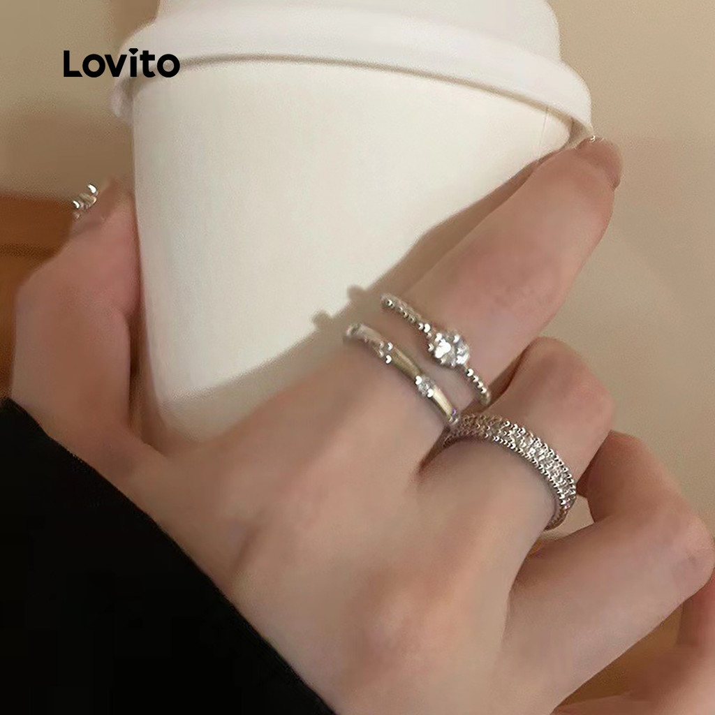 Lovito Conjunto Casual Com 3 Anéis Minimalistas Cravejados De Diamantes Brilhantes Para Uso Diário LFA111226