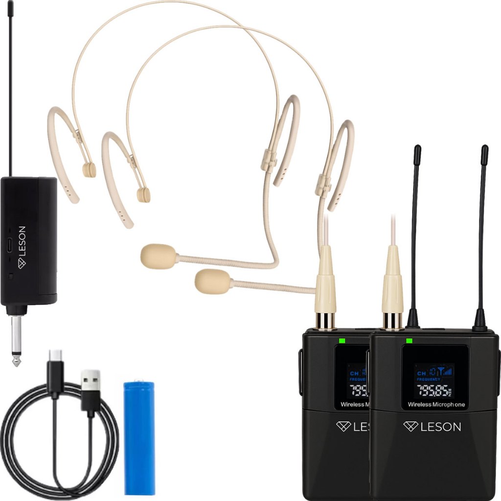 Kit 2 Microfones Headset Sem Fio Leson LS307 P10 Para Live Aula Podcast Bege