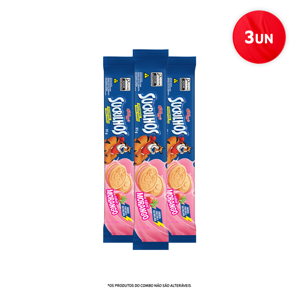 Combo Biscoito Recheado Sucrilhos Morango 85g 3 unidades