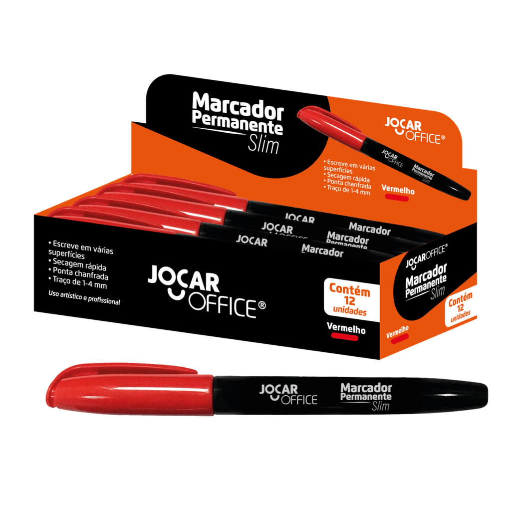 Caneta Marcador Permanente Ponta Chanfrada Vermelho Slim Caixa c/ 12 unidades Leonora - 96088