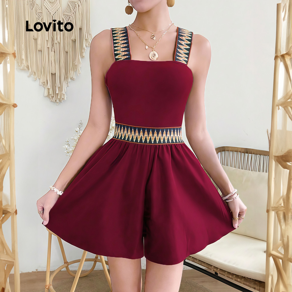 Lovito Macacão Casual Estilo Resort Vermelho Fita Contrastante Evangélica Primavera/verão Cor Vinho Mulheres L157ED096