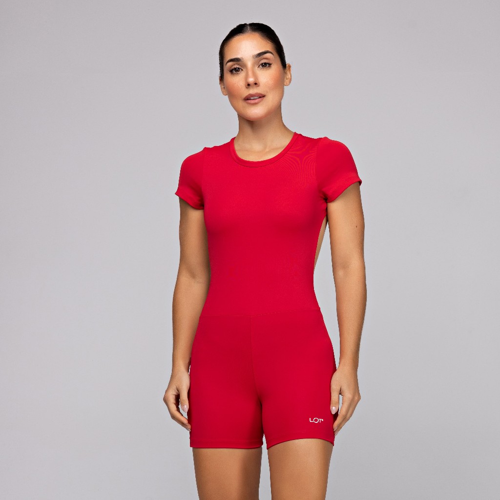 Macaquinho Vermelho Poliamida Fitness Feminino com Manga Curta Academia Musculação Corrida
