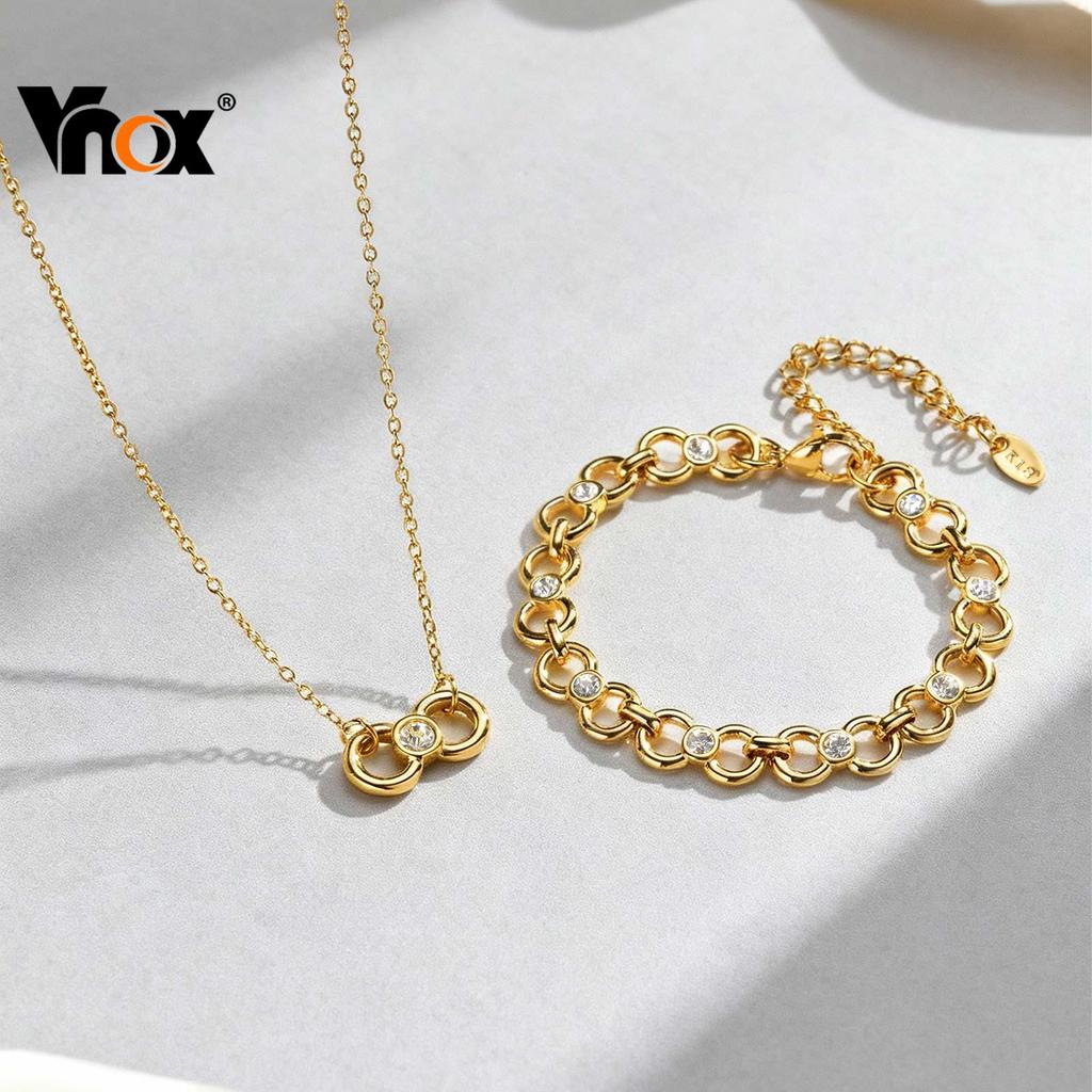Vnox Chunky Infinity Zircon Necklace Bracelet Set,Gold-Tone Stainless Steel Women Jewelry Set for Women Girl