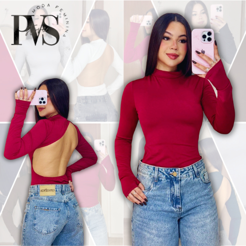 Body Feminino Manga Longa com Dedeira Suplex Costas Vazadas Recortes decote atrás Roupas Femininas